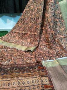 AJRAK SILK WITH KATHA  ACHAL SAREE