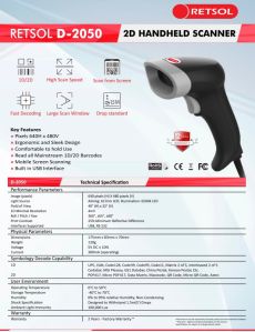 Retsol D-2050 2D Handheld Barcode/QR Code Scanner (Corded)