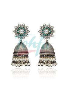SIA369695 Silver Finish Oxidised Jhumka Earrings