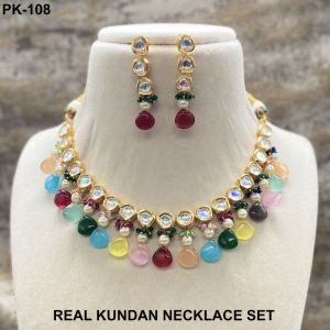 Pure Brass Real Kundan Elegant Single Line Monalisa Beaded Necklace Set