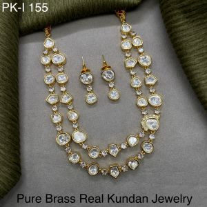 Pure Brass Real Kundan Squared Design Double Lined Necklace Set