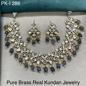 Pure Brass Real Kundan Two Toned Plated Necklace Set