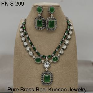 Pure Brass Real Kundan Victorian Plated Double Liner Necklace Set
