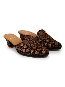 The Desi Dulhan Women Black Copper Ethnic Embellished Heel Mules with Resin Sole