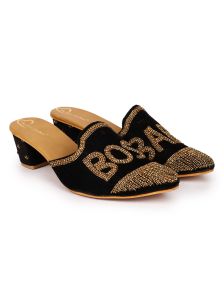 The Desi Dulhan Women Black Golden Embellished Heel Mules with Resin Sole
