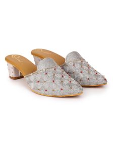 The Desi Dulhan Women Grey Ethnic Embellished Heel Mules with Resin Sole