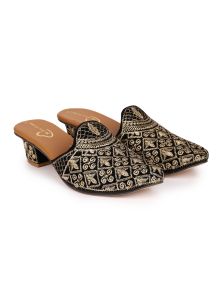 The Desi Dulhan Women Black Golden Ethnic Embellished Heel Mules with Resin Sole
