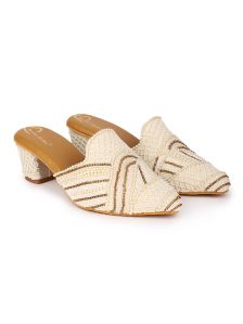 The Desi Dulhan Women Cream Ethnic Embellished Heel Mules with Resin Sole