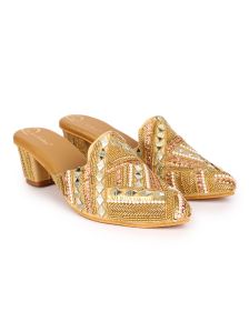 The Desi Dulhan Women Golden Ethnic Embellished Heel Mules with Resin Sole