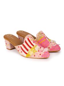 The Desi Dulhan Women Pink Multi Ethnic Embellished Heel Mules with Resin Sole