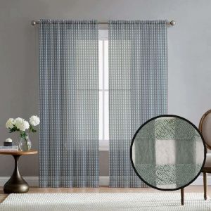 Blue Checked Polyester Window Curtain