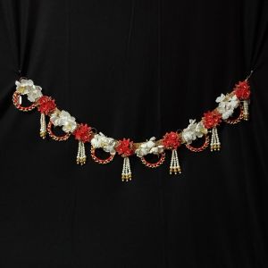 Red and White Floral Toran With Pearl Tassels