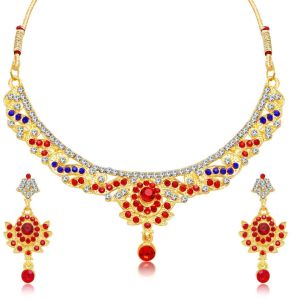 Sukkhi Gold Plated Choker Necklace Set | Red & Blue