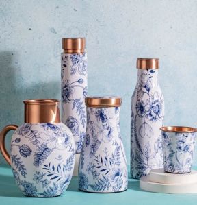 White And Blue Printed Copper Drinkware Set