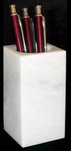 Polish Plain White Marble Pen Holder, Shape : Square