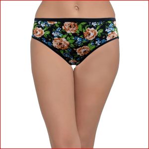 Cotton Mid Waist Rose Print Black Hipster Panty