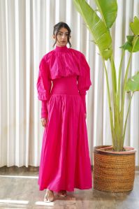 Hot Pink Smocked Waist Full Sleeves Maxi Dress