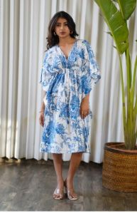 Palm Treen Print Blue Kaftan Dress