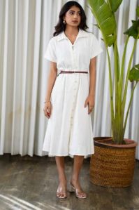 White Linen Belted Shirt Style Midi Dress