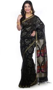 Handloom Organic (linen-cotton) Saree, Color : Black-multicolour