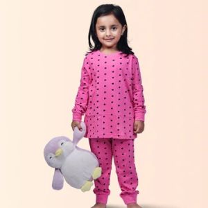 GIRL'S BLACK HEARTS PRINTED FULL SLEEVE NIGHT SUIT - PINK