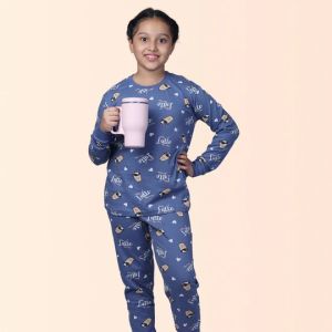 GIRL'S COFFE LATTE PRINTED FULL SLEEVE NIGHT SUIT - BLUE