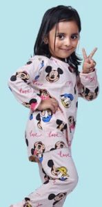 GIRL'S MICKEY MINNIE PRINTED FULL SLEEVE NIGHTSUIT - PEACH COLOUR