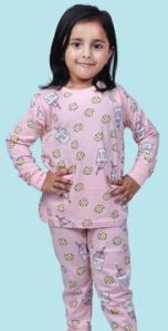 GIRL'S MILK & COOKIES PRINTED FULL SLEEVE NIGHT SUIT - PITCH COLOUR