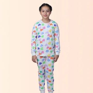 GIRL'S MULTICOLOR HEARTS PRINTED FULL SLEEVE NIGHT SUIT- WHITE