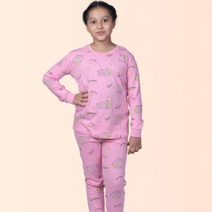 GIRL'S POPCORN PRINTED FULL SLEEVE NIGHT SUIT - PINK