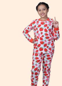 GIRL'S STRAWBERRY PRINTED FULL SLEEVE NIGHTSUIT - OFF WHITE