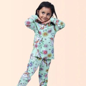 GIRL'S UNICORN & FLORAL PRINTED FULL SLEEVE NIGHT SUIT - GREEN