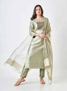 Pista Green Pure Tussar Silk Handloom Suit