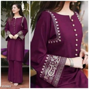 Moonz Store Reyon Aari Work Kurta Set, Color : Wine