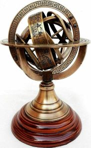 Astrolabe On Wood Base Maritime Nautical Brass Armillary Sphere