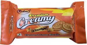 Rukmi Orange Cream Biscuits, Certification : FSSAI, Taste : Sweet, Packaging Type : Single Package