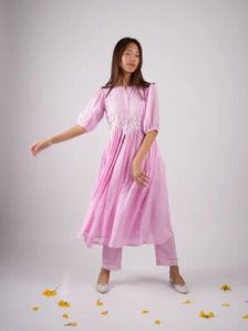 Embroidered Blush Pink Kurta-pant With Scrunchies