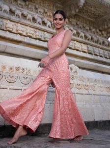 Peach Modal Chanderi Jumpsuit With Potli Bag