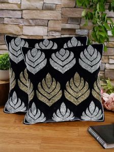 Velvet Golden Silver Sequins Leaves Beaded Cushion Covers