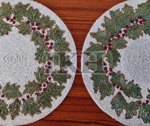 Christmas Wreath Theme White Green Beaded Placemats