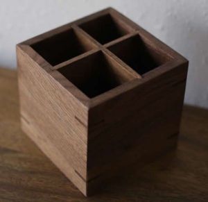 4 Compartment Wooden Pen Holder Modern 6x6x5 Inch