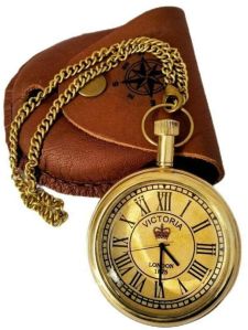 Brown Antique Brass Pocket Clock With Leather Box