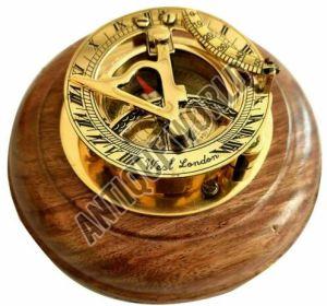 Antique Brass Sundial Compass With Sheesham Wood Base