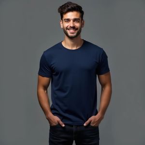 Mens Premium Polyester Navy Blue Round Neck T-Shirts