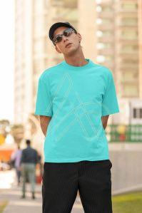 Mens Cotton Oversized Cyan Round Neck T-shirts