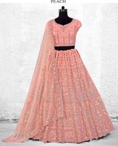 Peach Embroidered Bridal Lehenga, Sleeve Type : Half Sleeves