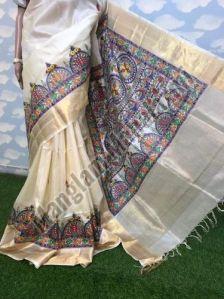 Premium Quality Madhubani Hand Painted Saree, Technics : Attractive Pattern