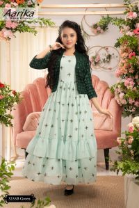 Girls Green Georgette Gown with Sequence Work Jacket