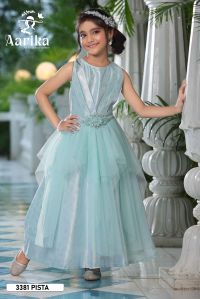 Girls Pista Color Nylon Fabric Gown