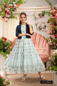 Girls T Blue Georgette Gown with Sequence Work Jacket